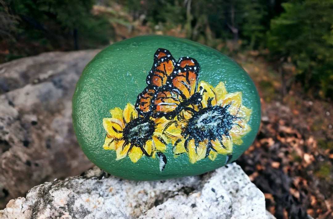 Emerald Blossoms –  Hand-painted sunflowers and a butterfly on a emerald rock