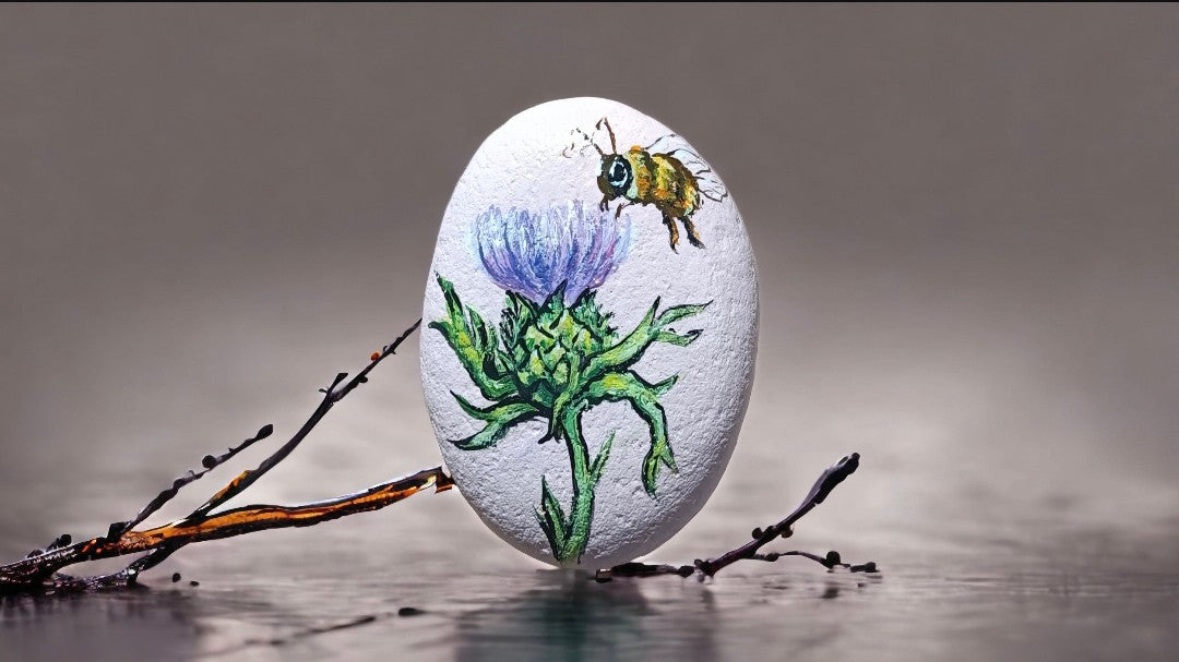 Emerald Blossoms - Scotland&#39;s Thistle symbol and a bee hand painted on rock