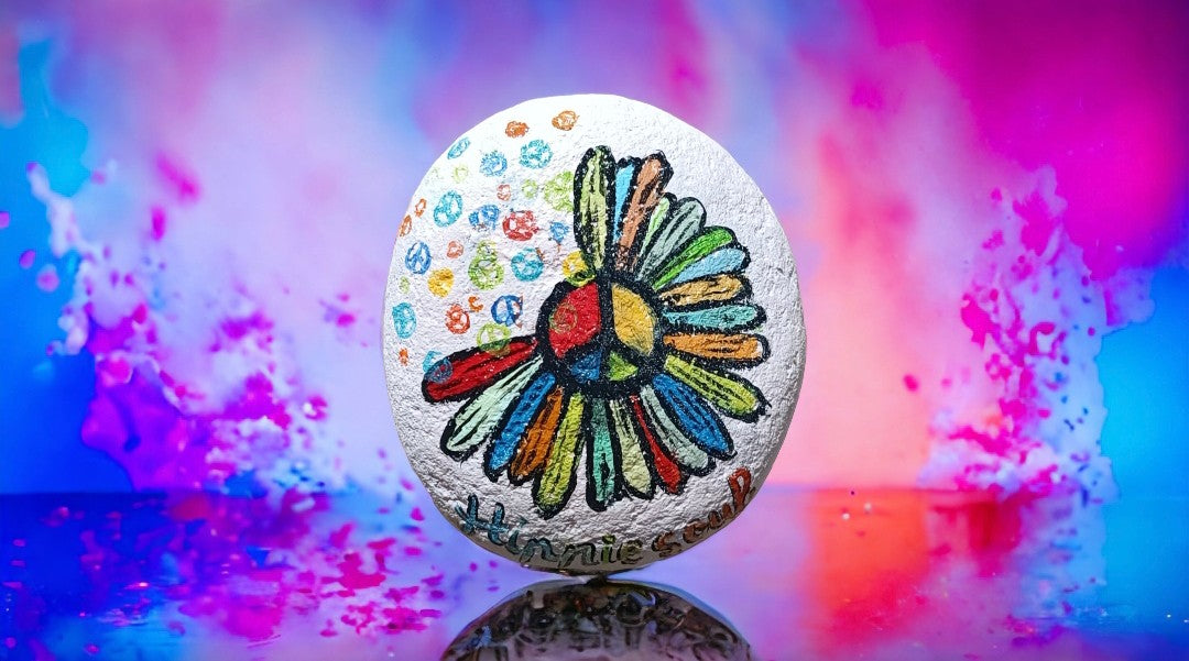 Emerald Blossoms - “Hippie Soul” Multicolored sunflowers combined with the hippies&#39;s peace symbol hand-painted on rock