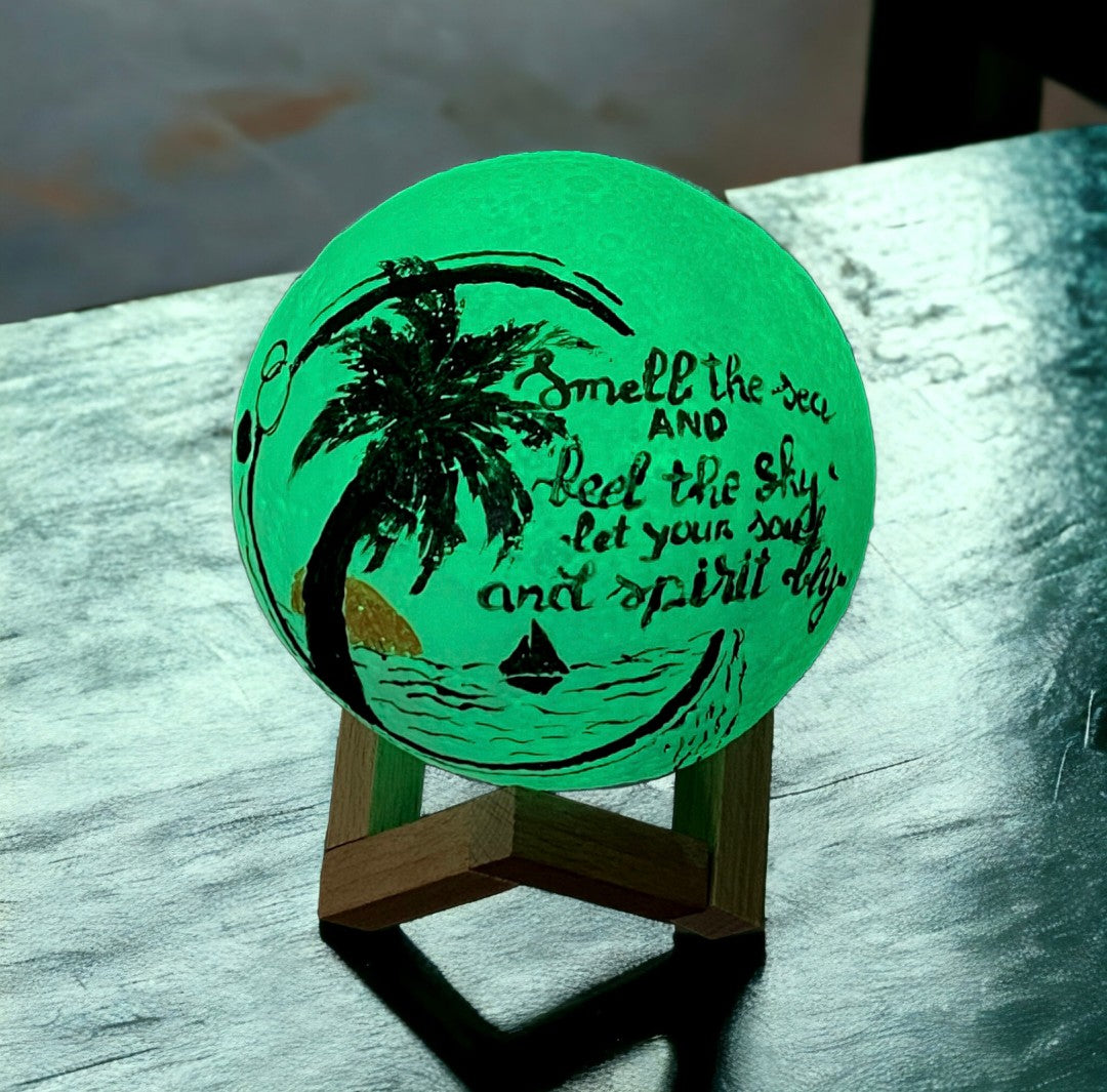 Emerald Blossoms - &quot;Smell the sea and feel the sky. Let your soul and spirit fly&quot; hand painted on moon lamp
