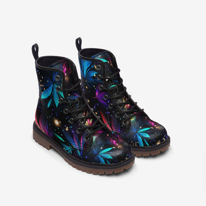 Emerald Blossoms - Sparkling Neon Flowers Painted Vegan Leather Combat Boots For Hippies