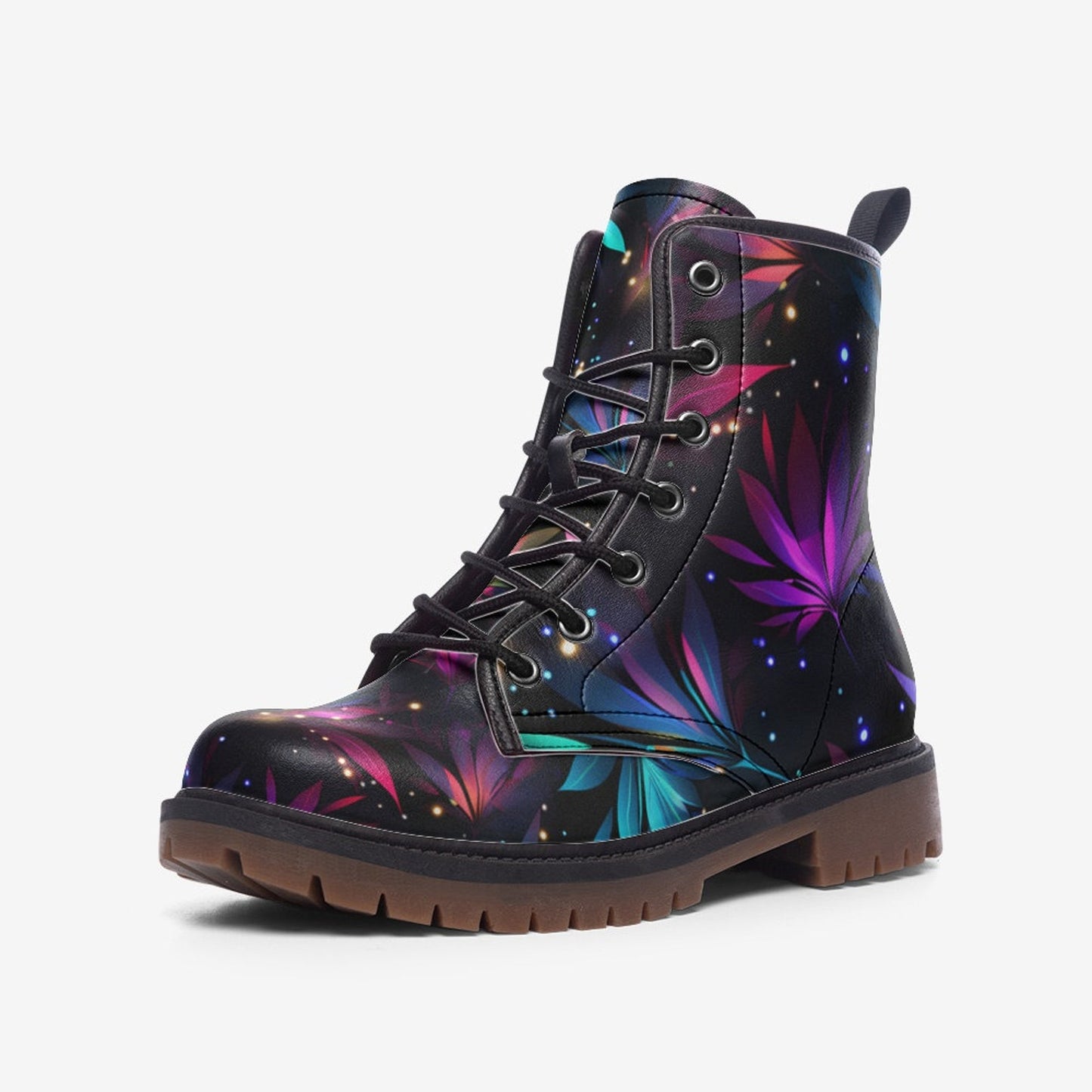 Emerald Blossoms - Sparkling Neon Flowers Painted Vegan Leather Combat Boots For Hippies