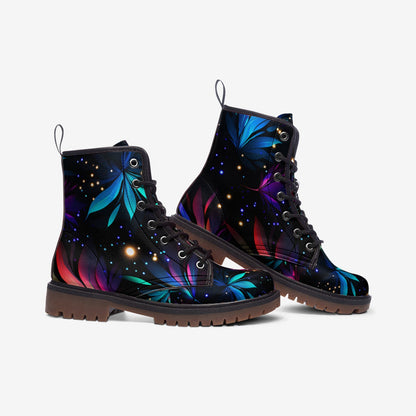 Emerald Blossoms - Sparkling Neon Flowers Painted Vegan Leather Combat Boots For Hippies