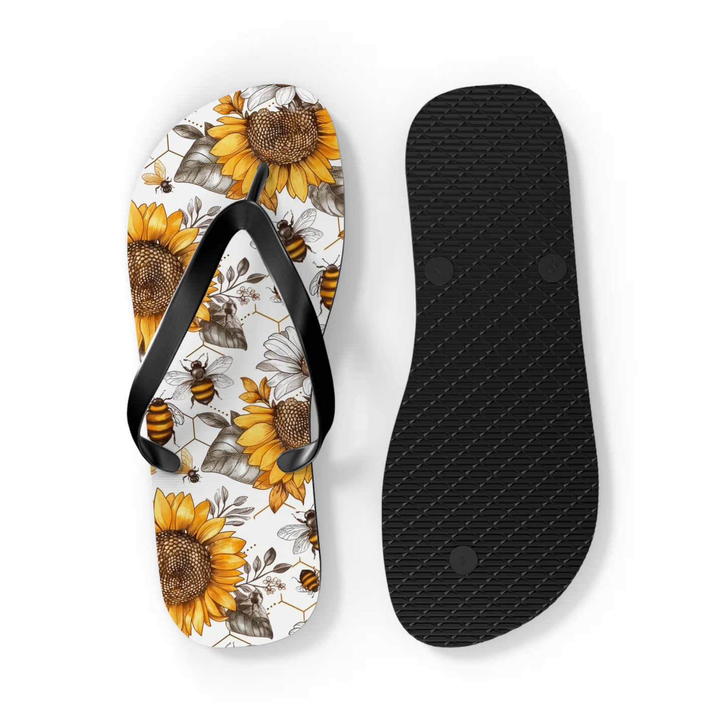 Emerald Blossoms - Sunflower Bee Flip Flops For Hippies