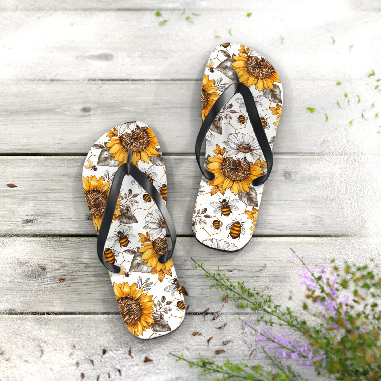 Emerald Blossoms - Sunflower Bee Flip Flops For Hippies