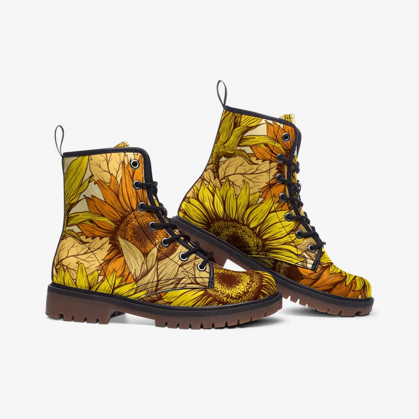 Emerald Blossoms - Sunflower Yellow Hippie Leather Unisex Boots, Vegan Leather, Combat Boots, Classic Boot For Hippies