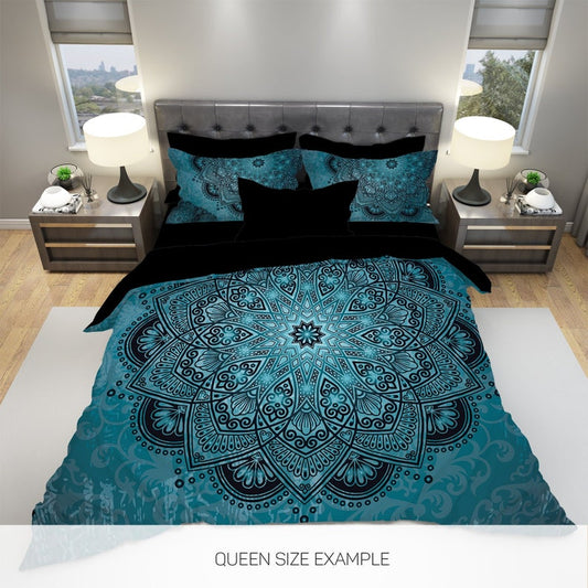 Emerald Blossoms - Teal Mandala Bedding Set For Hippies