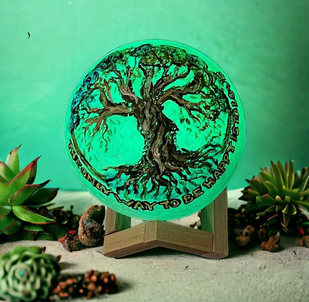 Emerald Blossoms - &quot;The only way to be happy is to love.&quot; hand painted on moon lamp