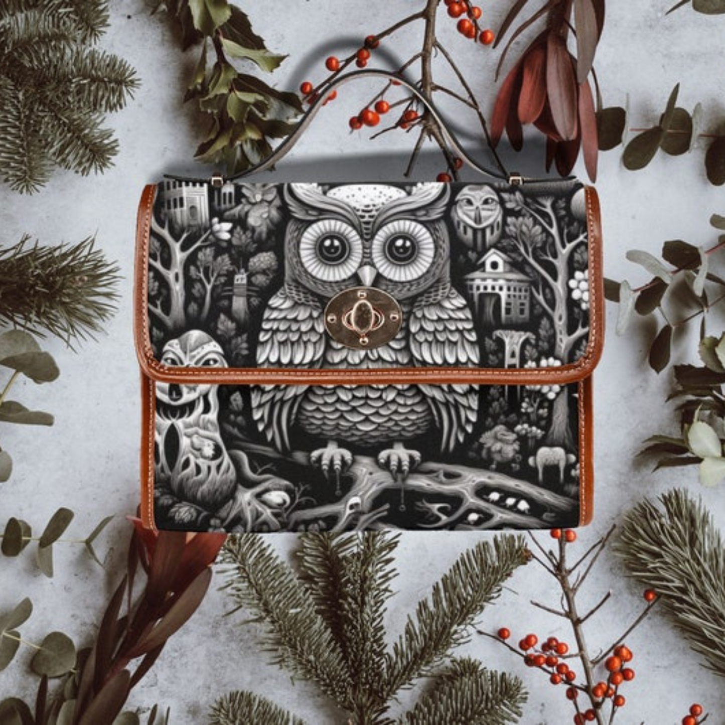 Emerald Blossoms - Cute Owl Witch Canvas Satchel Bag For Hippies