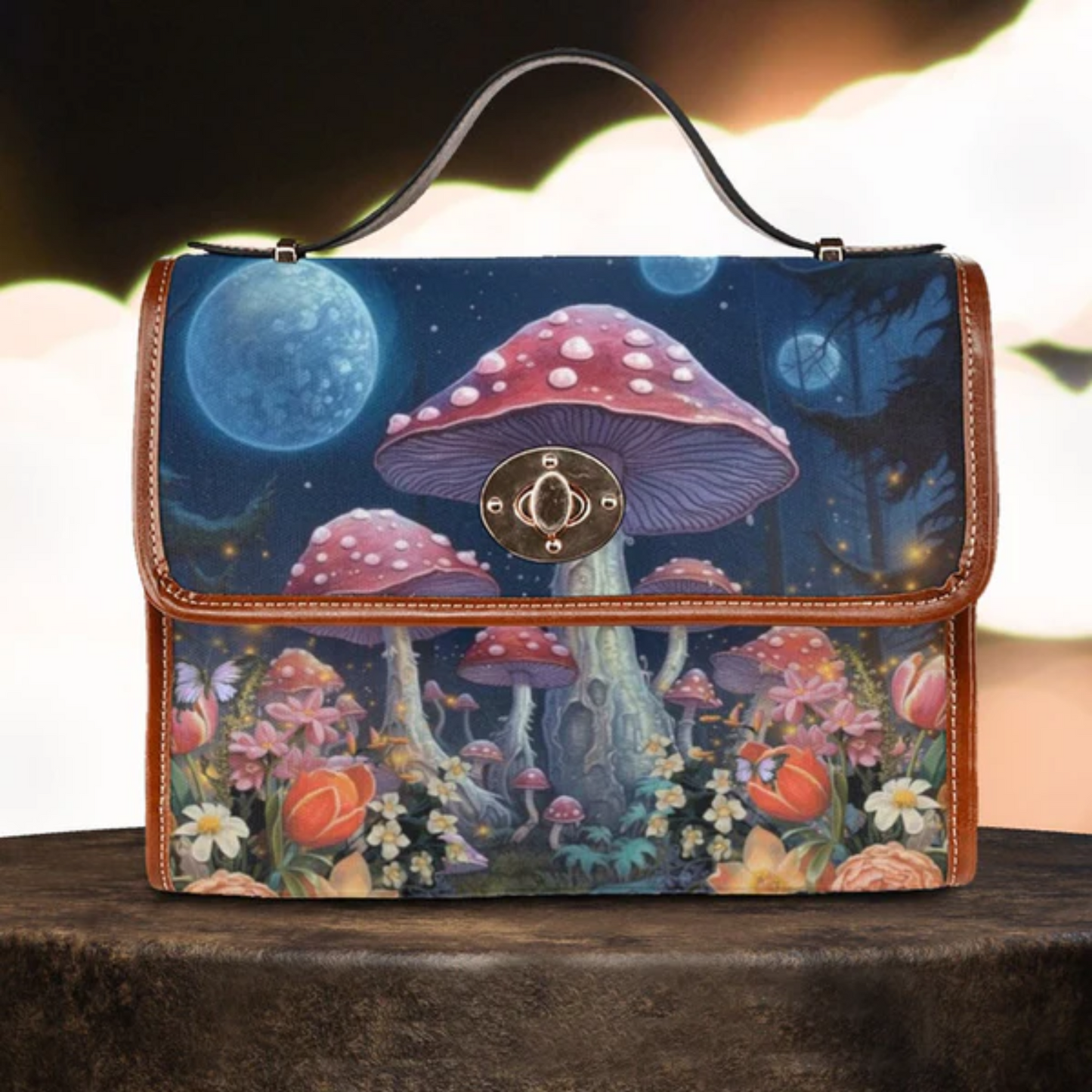 Emerald Blossoms - Mushroom Witch Canvas Satchel Bag For Hippies