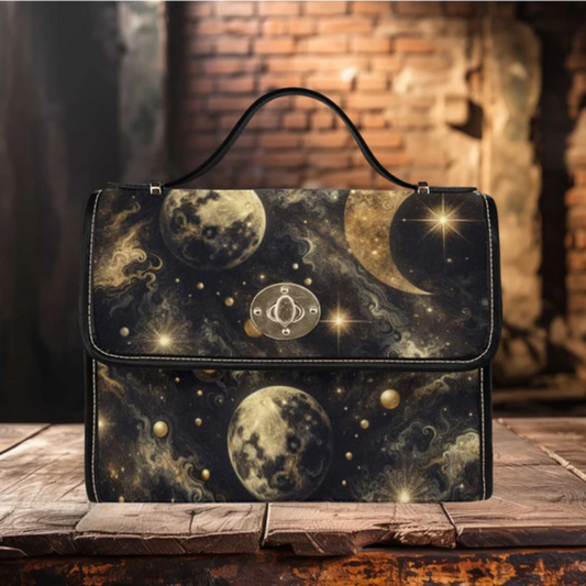 Emerald Blossoms - Cosmic Sky Gold Star Moon Night Unique Satchel Bag For Hippies