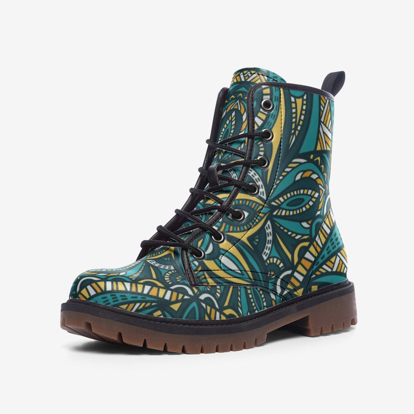 Emerald Blossoms - Tribal Mandala Vegan Leather Boots, Mandala All Season Boots For Hippies