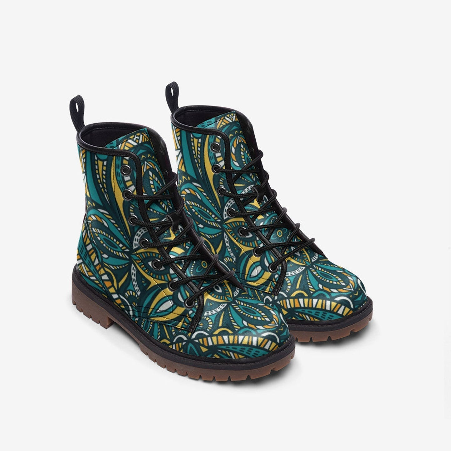 Emerald Blossoms - Tribal Mandala Vegan Leather Boots, Mandala All Season Boots For Hippies