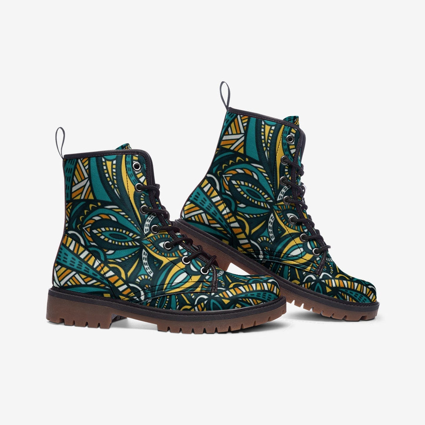 Emerald Blossoms - Tribal Mandala Vegan Leather Boots, Mandala All Season Boots For Hippies