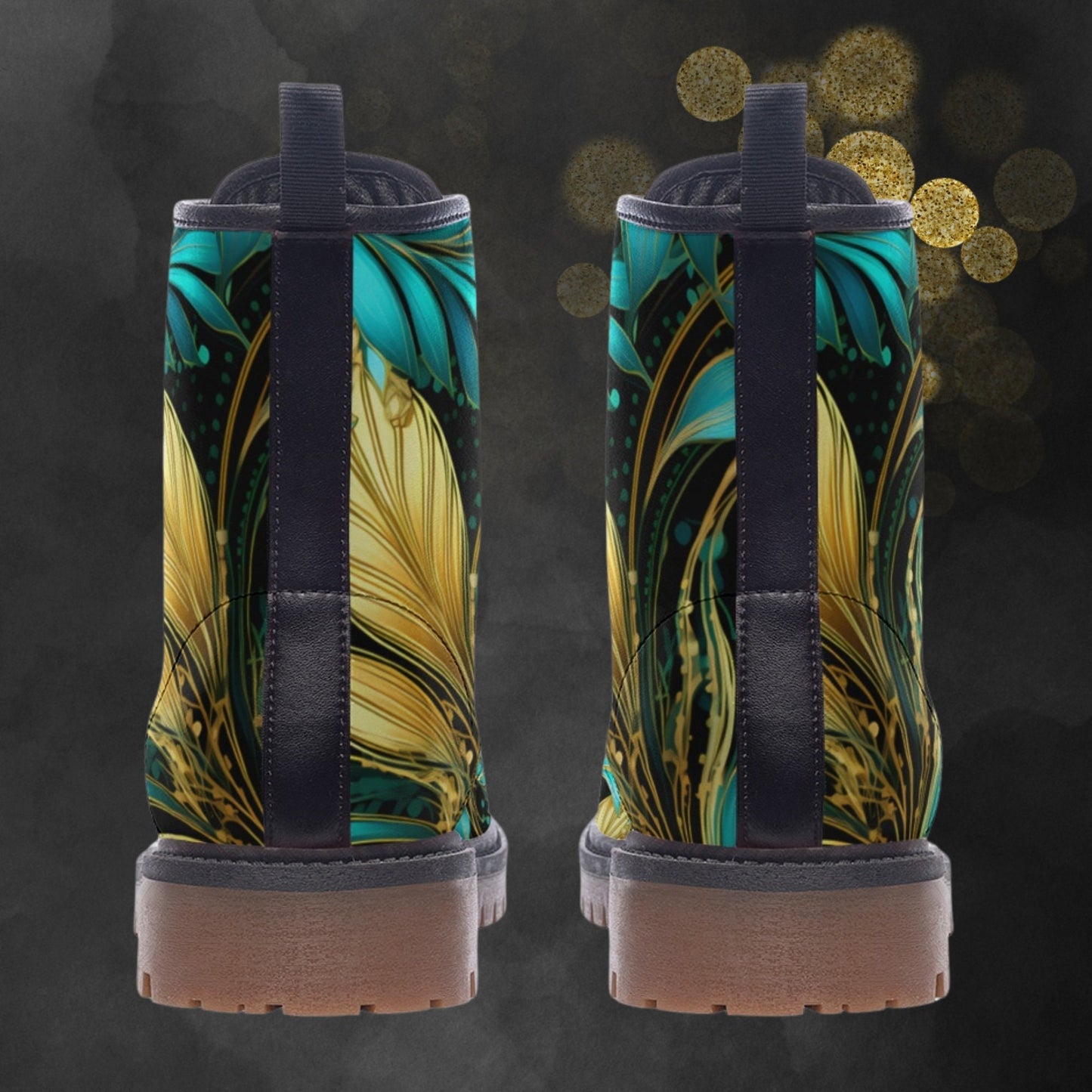 Emerald Blossoms - Turquoise Golden Leaves Casual Leather Lightweight Boots For Hippies