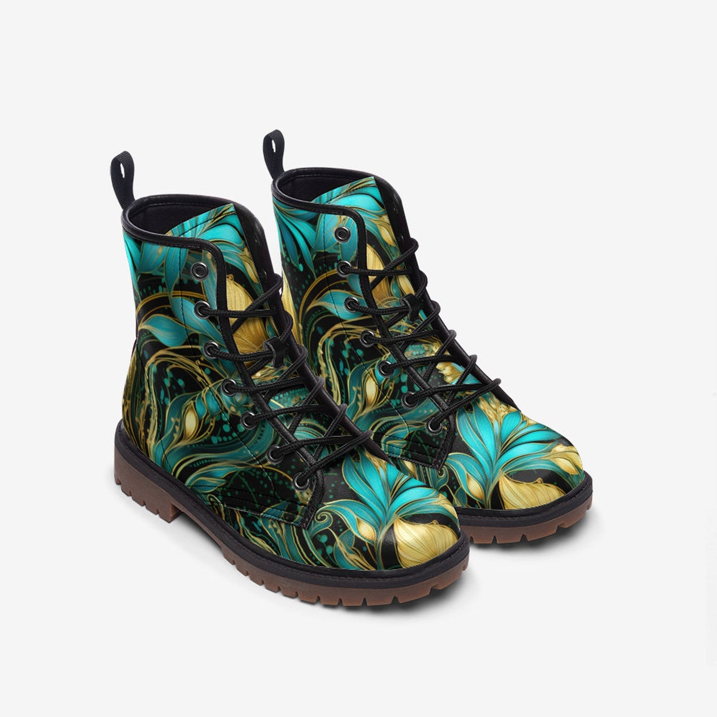 Emerald Blossoms - Turquoise Golden Leaves Casual Leather Lightweight Boots For Hippies