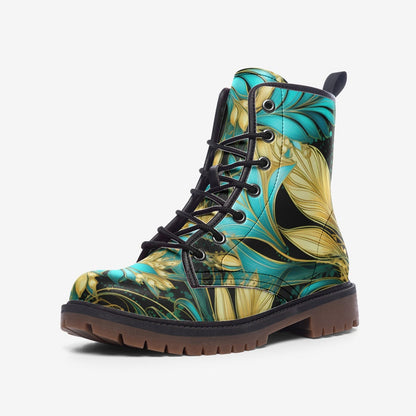 Emerald Blossoms - Turquoise Golden Leaves Casual Leather Lightweight Boots For Hippies