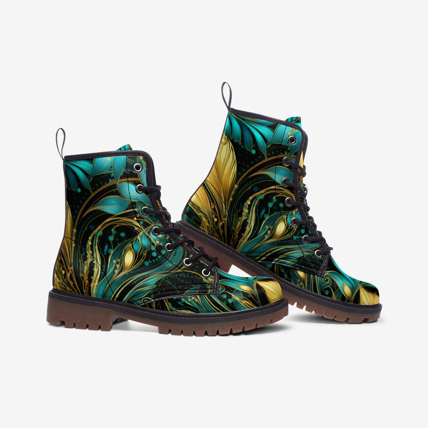 Emerald Blossoms - Turquoise Golden Leaves Casual Leather Lightweight Boots For Hippies