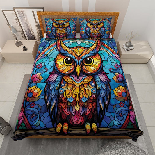 Vintage Abstract Wildlife Owl Quilt Bedding Set For Hippie