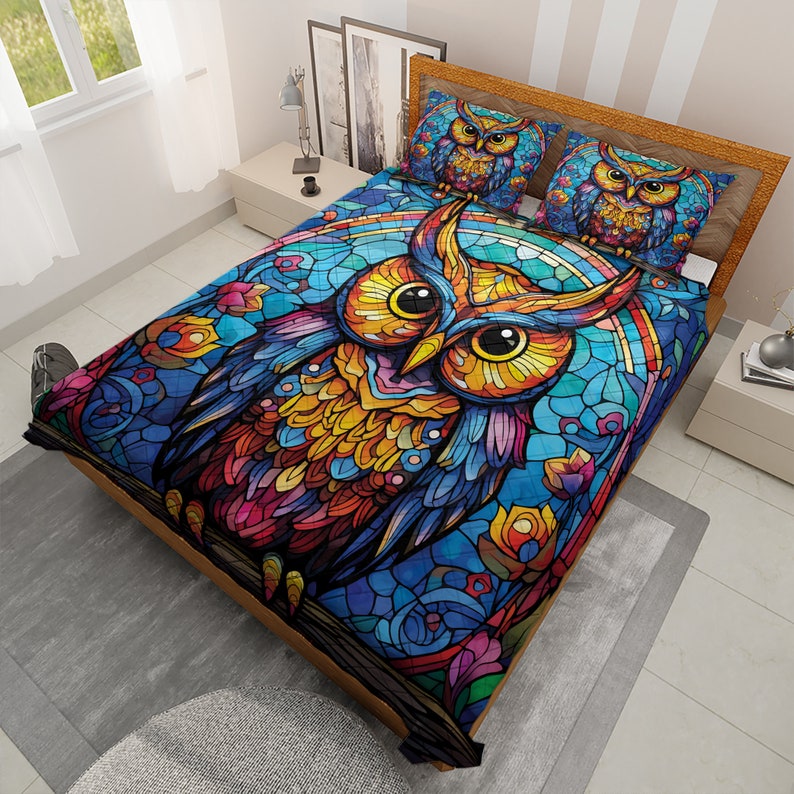 Emerald Blossoms - Vintage Abstract Wildlife Owl Quilt Bedding Set For Hippie