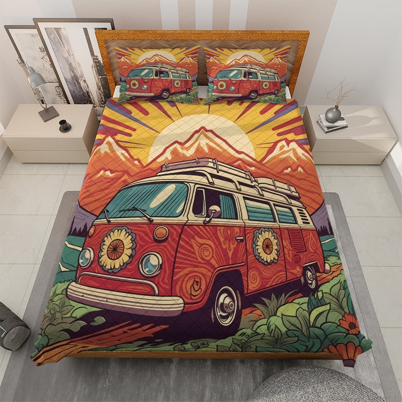 Vintage Campervan Christmas Quilt Bedding Set For Hippies