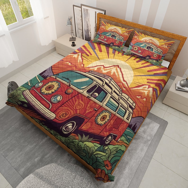 Emerald Blossoms - Vintage Campervan Christmas Quilt Bedding Set For Hippies