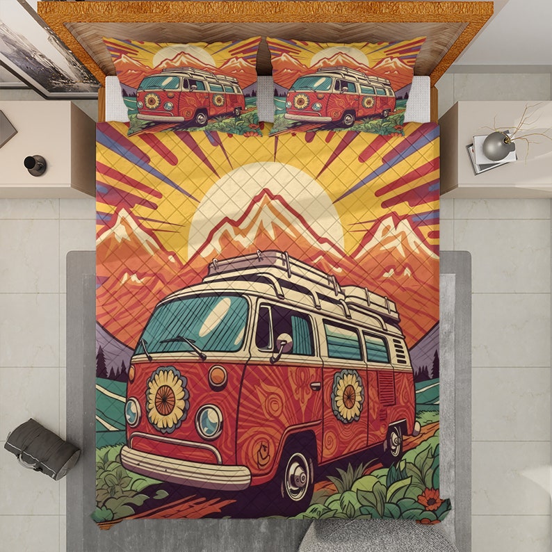 Emerald Blossoms - Vintage Campervan Christmas Quilt Bedding Set For Hippies