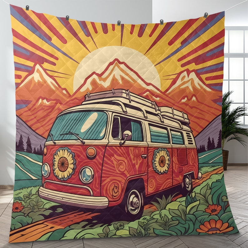 Emerald Blossoms - Vintage Campervan Christmas Quilt Bedding Set For Hippies