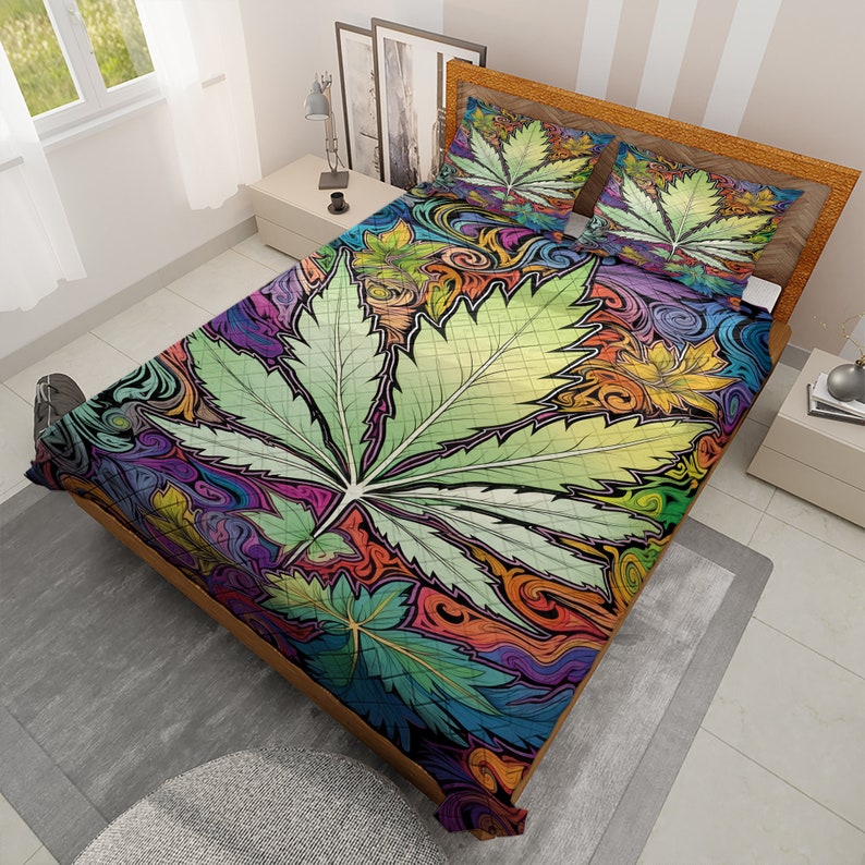 Emerald Blossoms - Vintage Cannabis Weed Christmas Quilt Bedding Set For Hippies