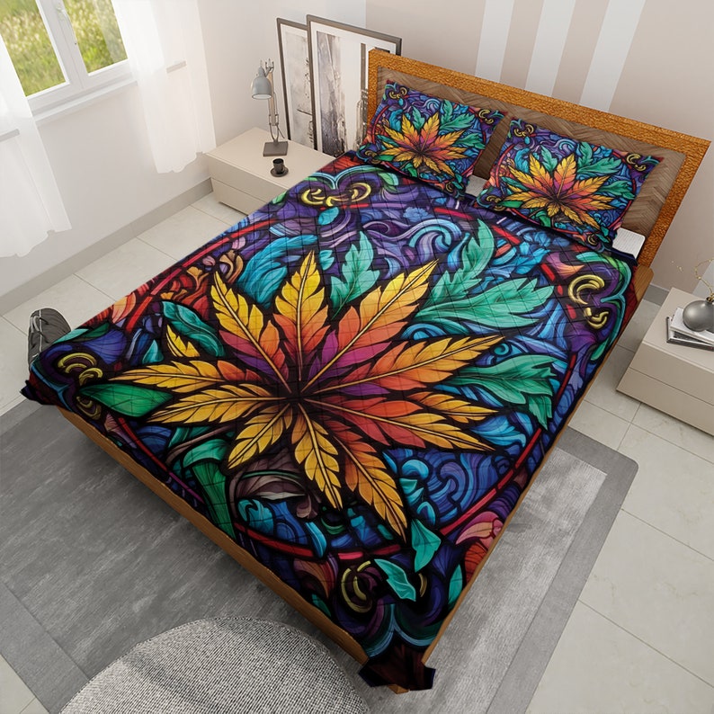 Vintage Cannabis Weed Hippie Style Christmas Quilt Bedding Set