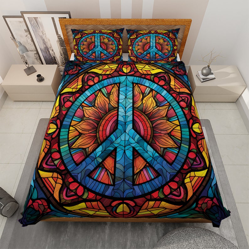 Vintage Peace Sign Hippie Style Christmas Quilt Bedding Set