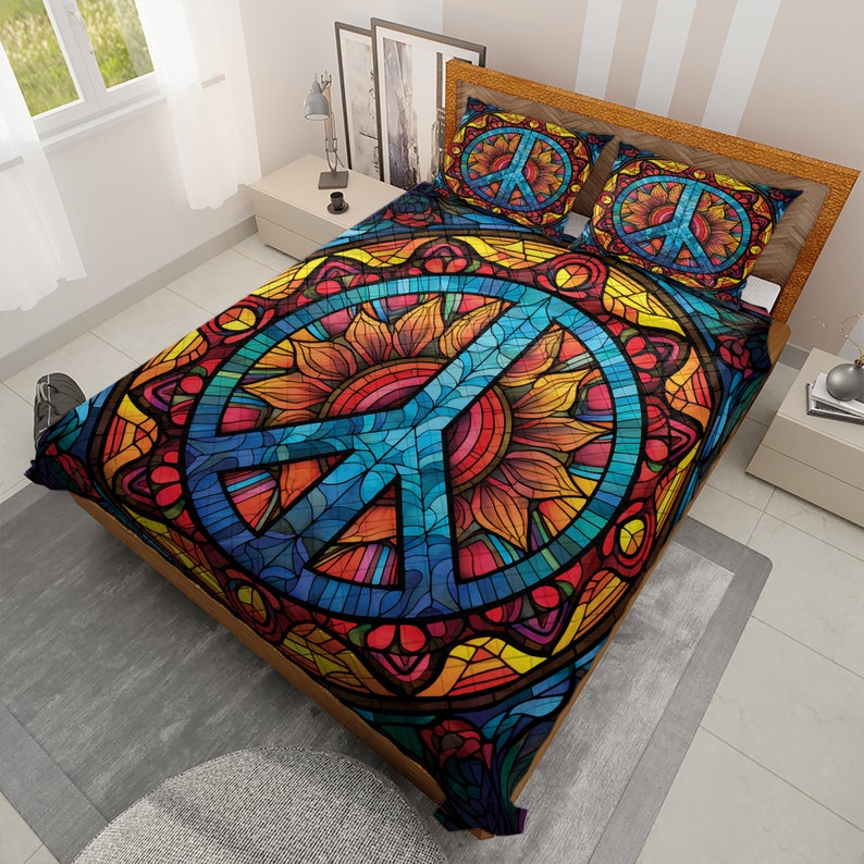 Emerald Blossoms - Vintage Peace Sign Hippie Style Christmas Quilt Bedding Set