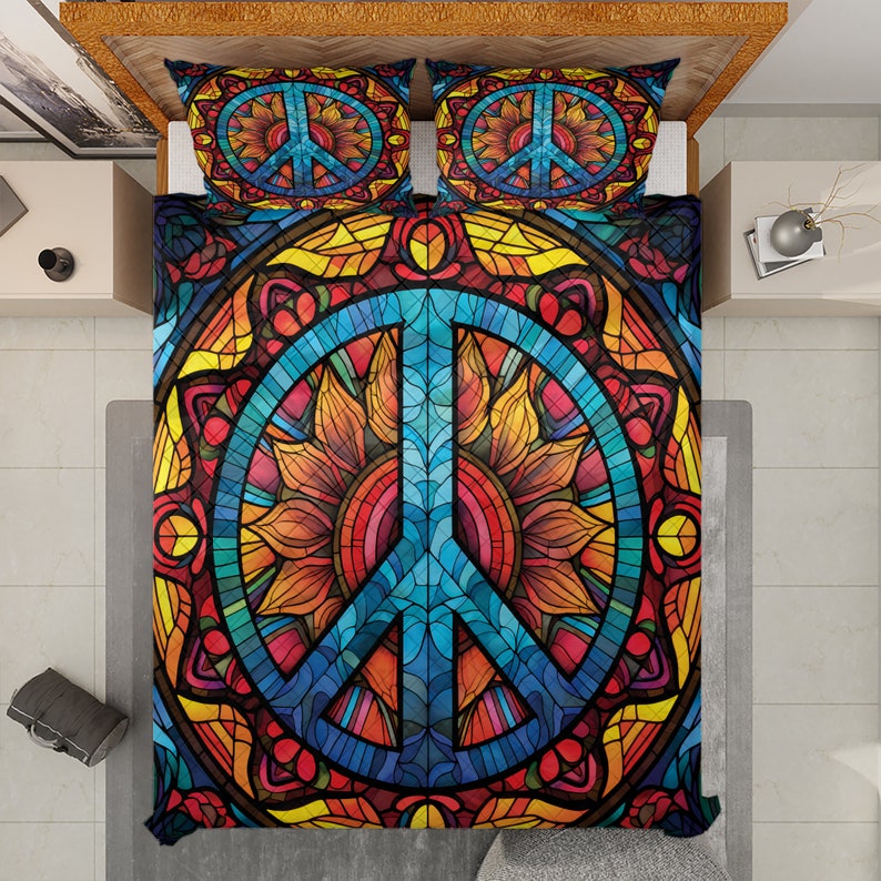 Emerald Blossoms - Vintage Peace Sign Hippie Style Christmas Quilt Bedding Set