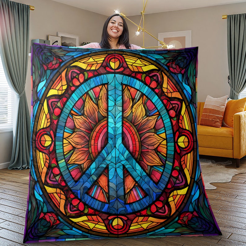 Emerald Blossoms - Vintage Peace Sign Hippie Style Christmas Quilt Bedding Set