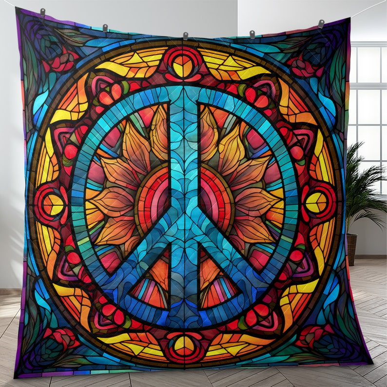 Emerald Blossoms - Vintage Peace Sign Hippie Style Christmas Quilt Bedding Set