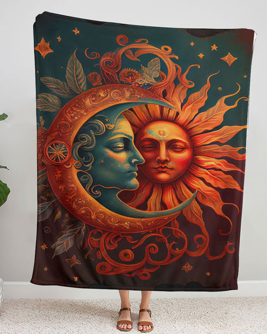 Vintage Sun And Moon Fleece Blanket For Hippies