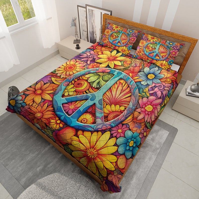 Emerald Blossoms - Vintage Sunflower Peace Hippie Style Bedding Set