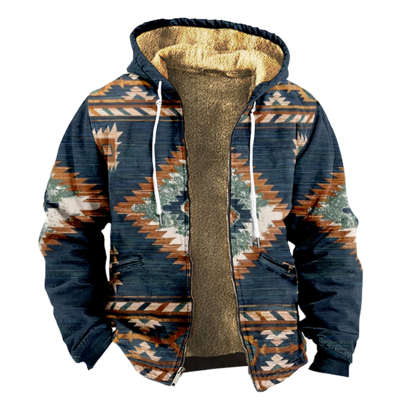 Western Aztec, Blue Santania Pattern Print Wool Hooded Jackets For Hippie