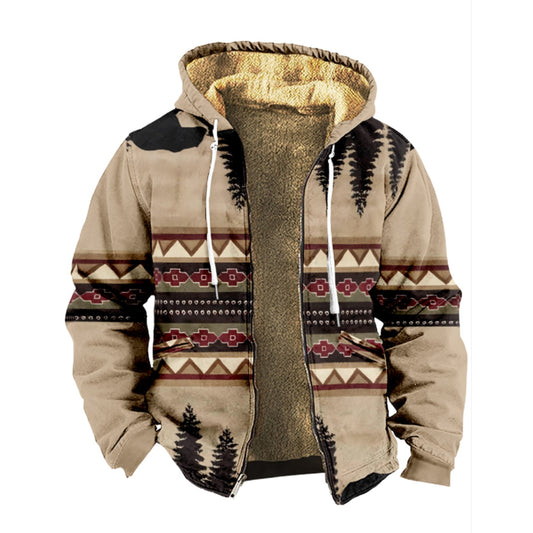 Western Aztec, Pine Forest Pattern Print Wool Hooded Jackets For Hippie