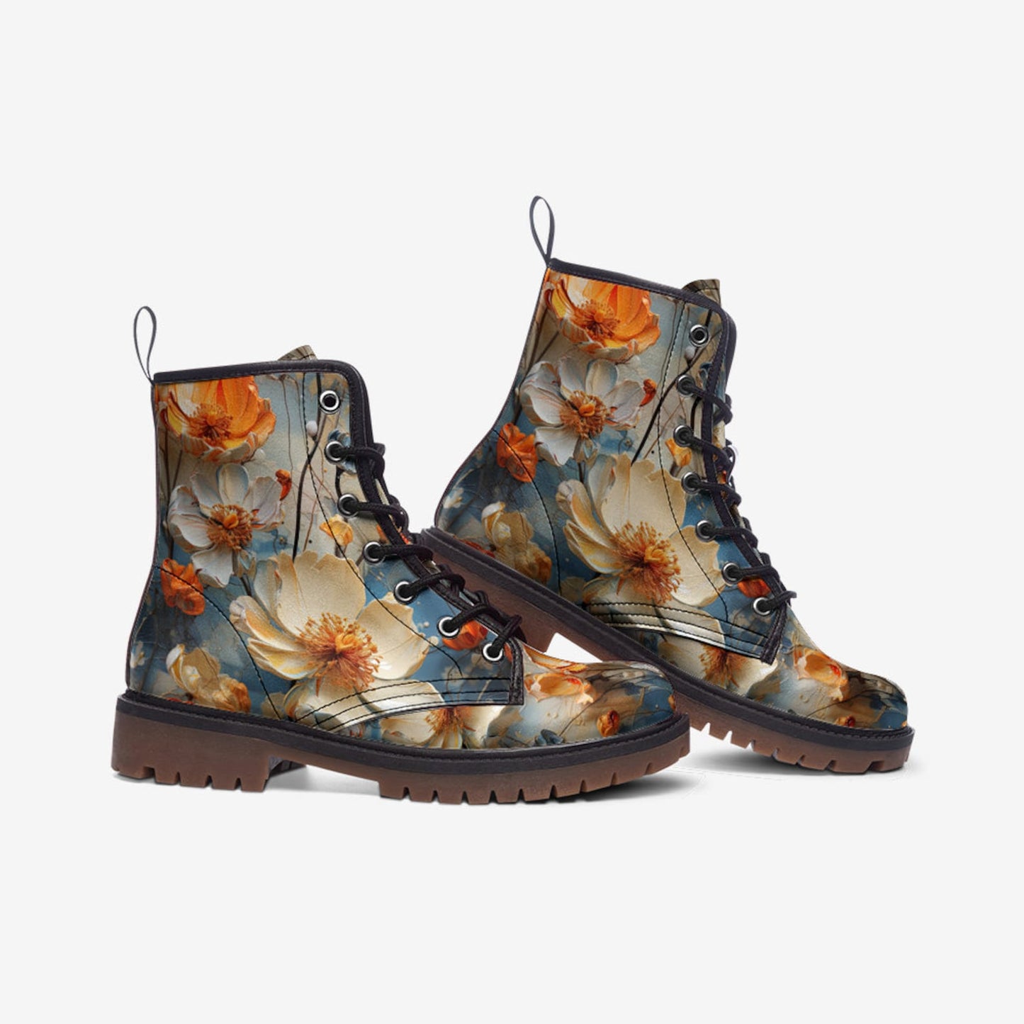 Emerald Blossoms - White Floral Casual Faux Leather Lightweight Boots Streetwear Boots Combat Boots For Hippies