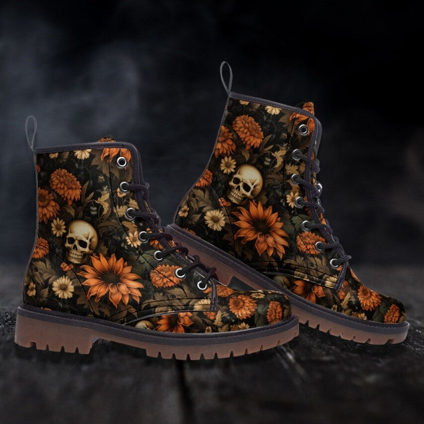 Emerald Blossoms - Wildflower Autumn Fall Aesthetic Halloween Casual Leather Lightweight Boots For Fall Festivals