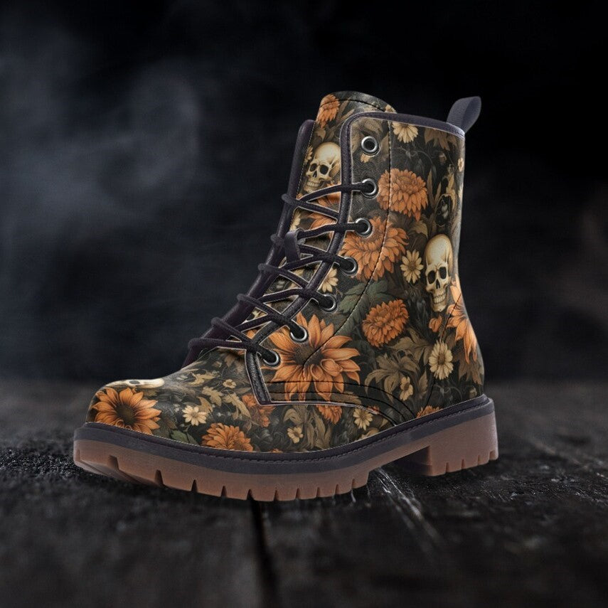 Emerald Blossoms - Wildflower Autumn Fall Aesthetic Halloween Casual Leather Lightweight Boots For Fall Festivals