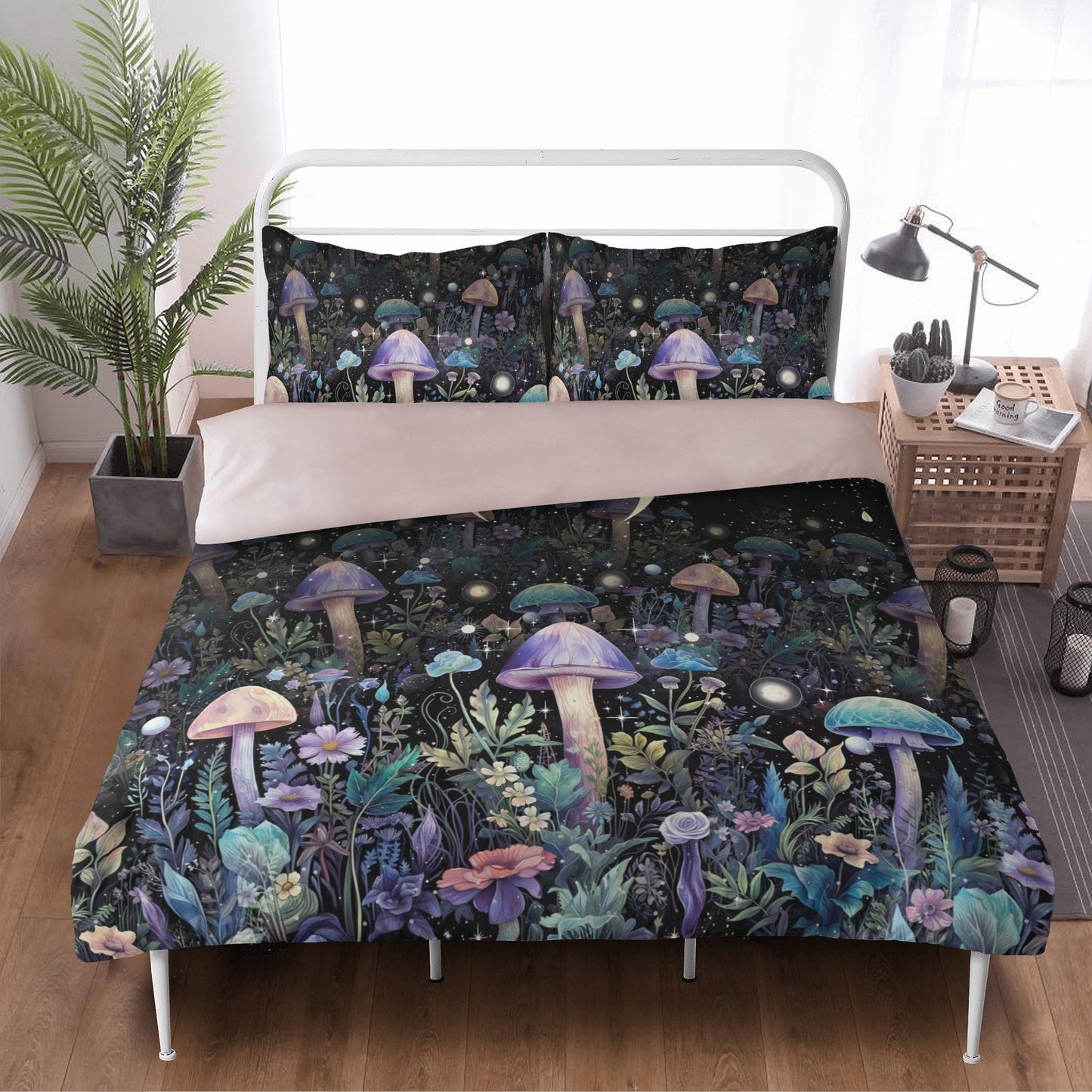 Witchy Mushroom Forest, Celestial Moon Phase Bedding Set For Hippies