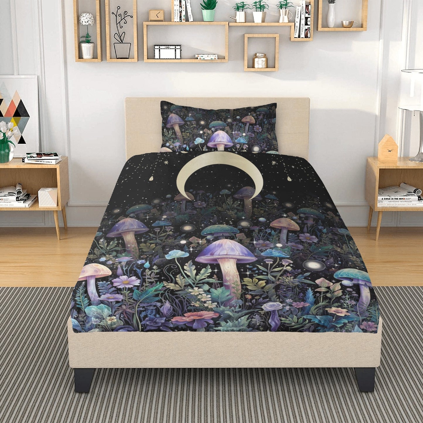 Witchy Mushroom Forest, Celestial Moon Phase Bedding Set For Hippies