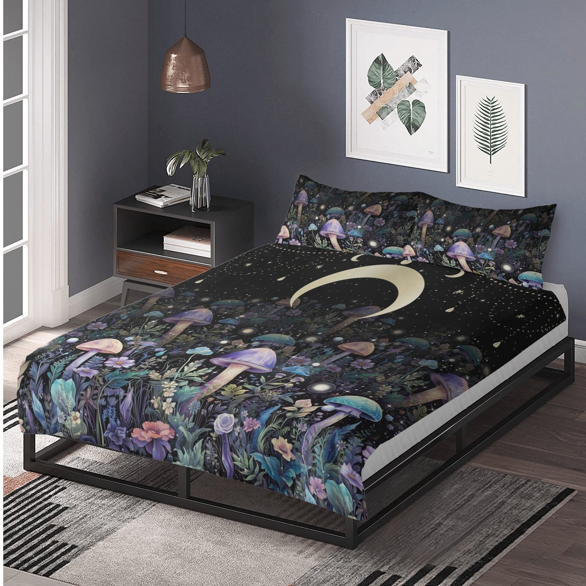 Witchy Mushroom Forest, Celestial Moon Phase Bedding Set For Hippies