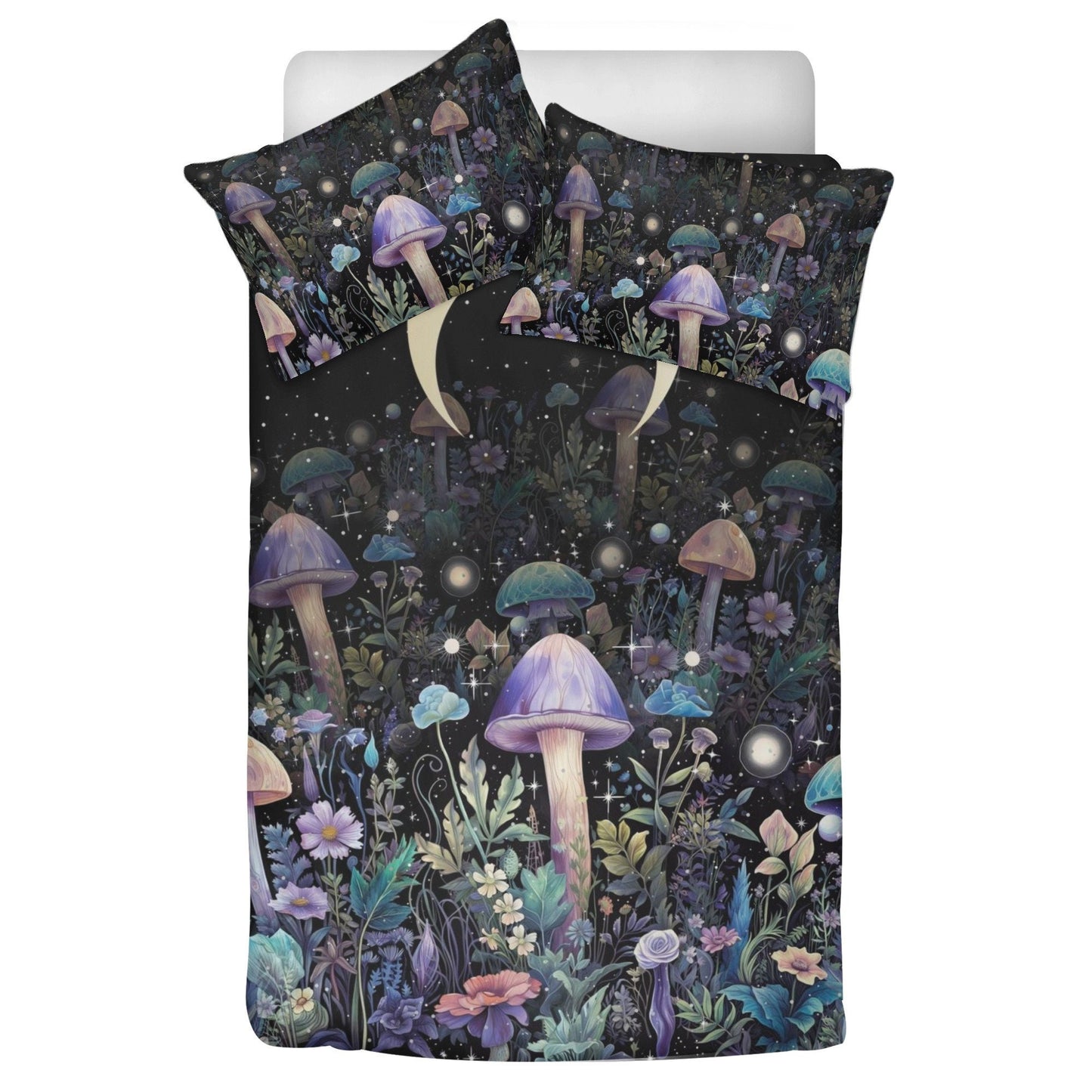 Witchy Mushroom Forest, Celestial Moon Phase Bedding Set For Hippies