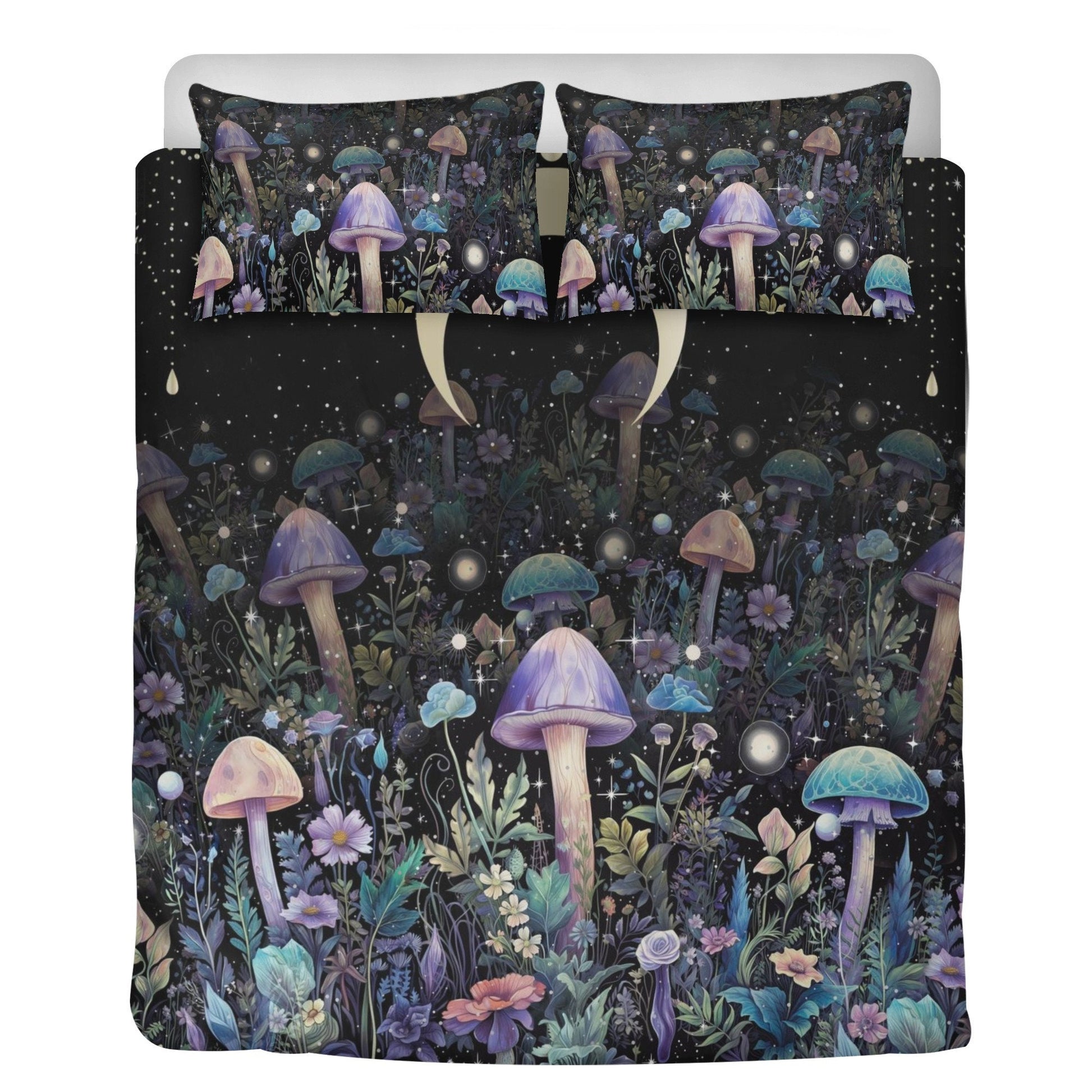 Witchy Mushroom Forest, Celestial Moon Phase Bedding Set For Hippies