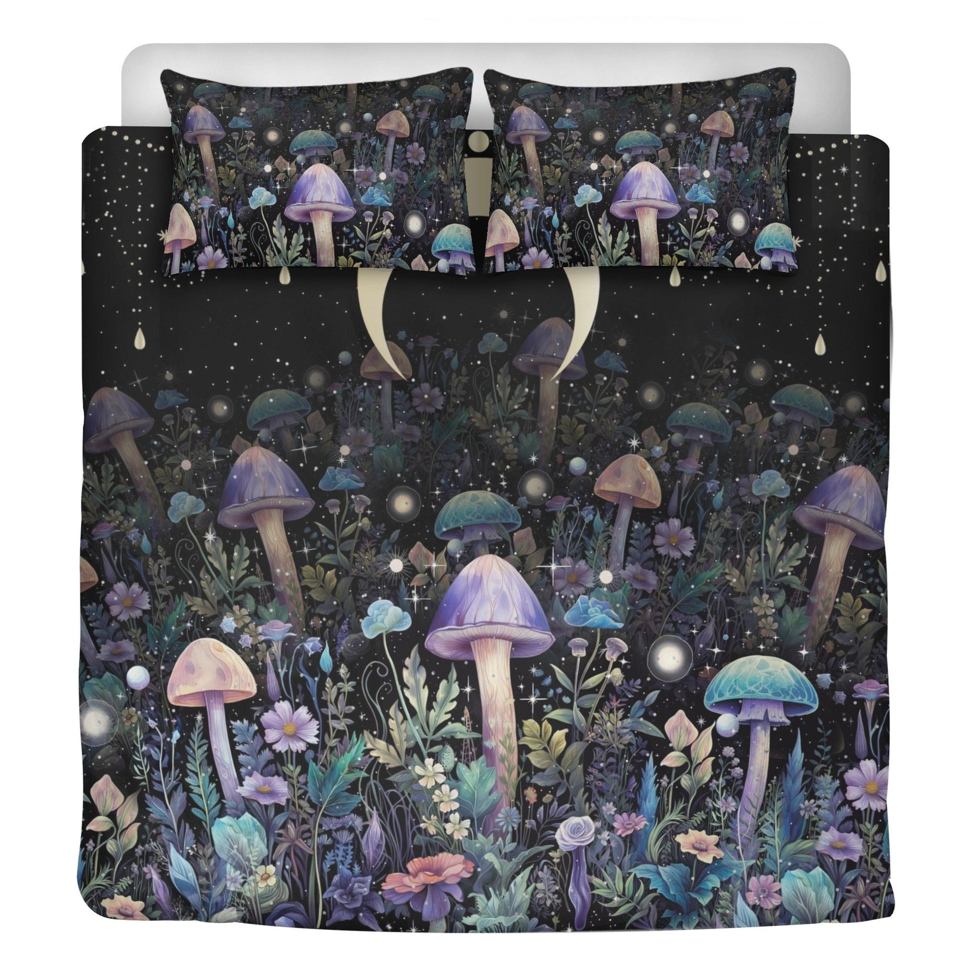 Witchy Mushroom Forest, Celestial Moon Phase Bedding Set For Hippies