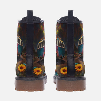 Emerald Blossoms - Vintage Van Print on Casual Leather Lightweight Boots for Hippies