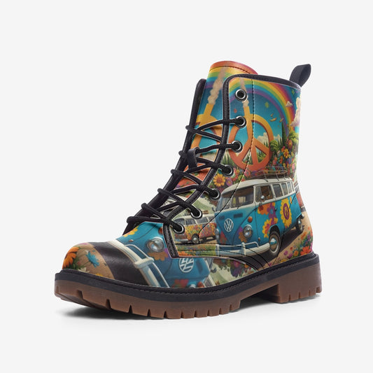 Emerald Blossoms - Volkswagen Van To Hippie Destination Casual Leather Lightweight Boots For Hippies